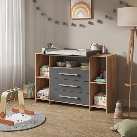 Vicco – Commode à langer Oskar XL en chêne – Dimensions 143 x 100 cm – 3 tiroirs et 5 compartiments – Surface facile à nettoyer