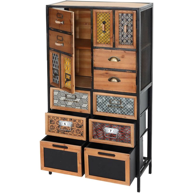 commode à pharmacie hhg 481, armoire à tiroirs commode étagère tiroirs, métal sapin bois, vintage shabby-look 120x62x33cm - multicolour