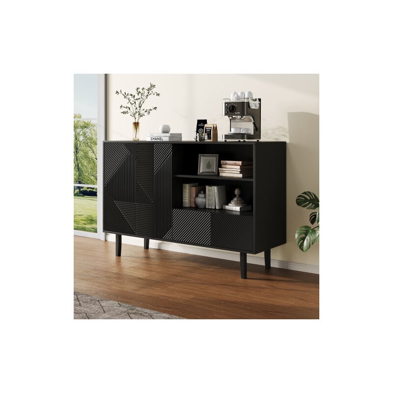 Buffet de salon, buffet noir à rayures mates, 2 portes et 1 tiroir, 2 niveaux de rangement ouverts, pour entrée, salon