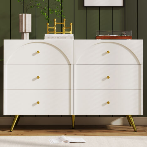 Commode à six tiroirs, blanche. Armoire haute pour chambres et pièces à vivre, blanc cassé - 85 cm de haut / 120 cm de large / 40 cm de profondeur.