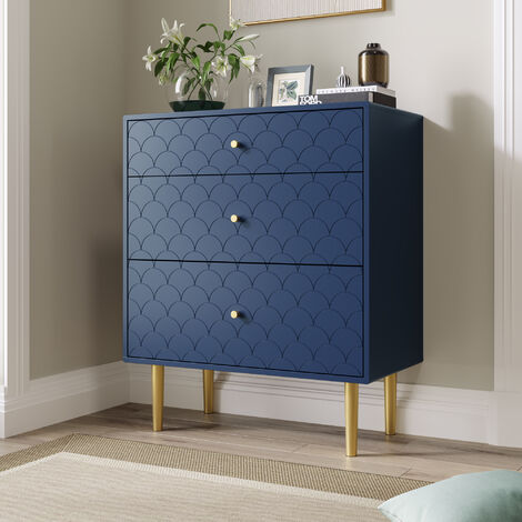 OHJIJINN Commode à tiroirs avec 3 tiroirs, certifié FSC®, buffet haut pour chambres et tous les salons, bleu marine-H89/L75/P40 cm