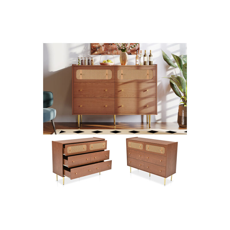 Commode à tiroirs avec 6 tiroirs, buffet haut en rotin pour chambres et tous les salons, noyer -H90/L120/P40 cm