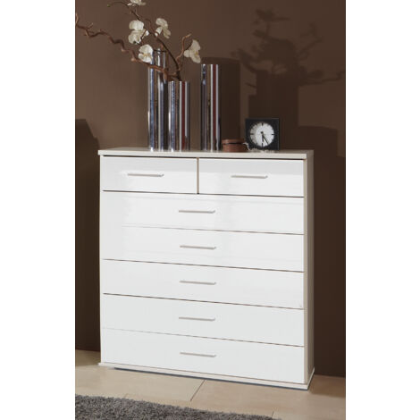 Commode à tiroirs, meuble de rangement coloris blanc cassé, blanc - Longueur 90 x Hauteur 106 x Profondeur 40 cm
