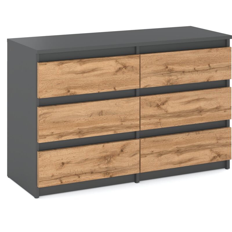 Commode à tiroirs, meuble TV pour le salon, 100 CM, 6 tiroirs, chêne gris Wotan
