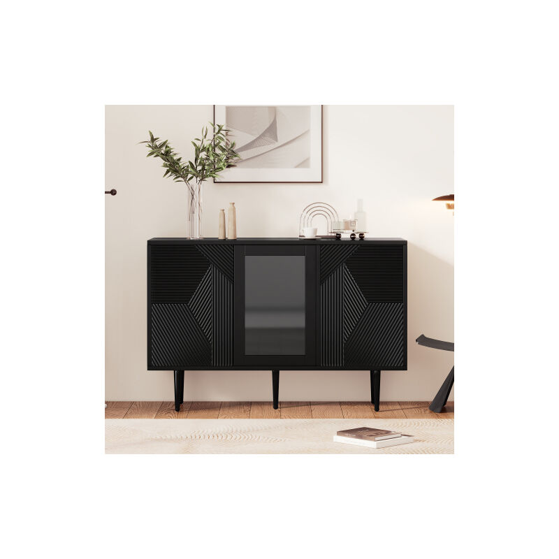 Commode à trois portes avec pieds en métal et portes en verre, noir, dimensions: 120 x 38 x 79,5 cm