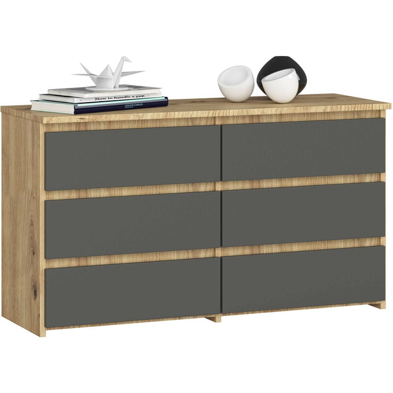 Petite Commode Akord CL100 Chêne Artisan 100 cm 6 tiroirs façade Gris Graphite 100x35x57 cm
