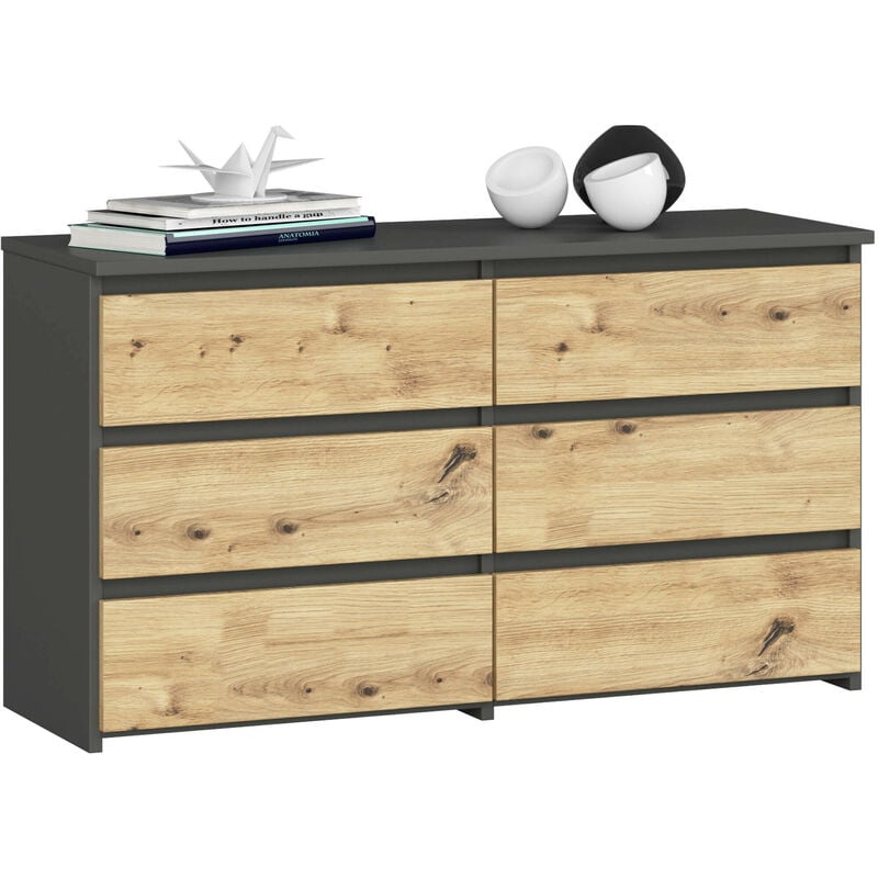 Petite Commode Akord CL100 Gris Graphite 100 cm 6 tiroirs façade Chêne Artisan 100x35x57 cm