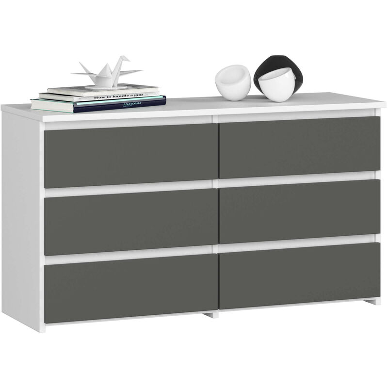Petite Commode Akord CL100 Blanche 100 cm 6 tiroirs façade Gris Graphite 100x35x57 cm