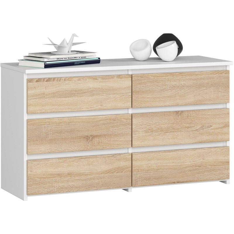 Petite Commode Akord CL100 Blanche 100 cm 6 tiroirs façade Chêne Sonoma 100x35x57 cm