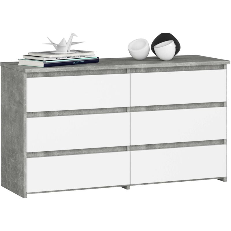 Petite Commode Akord CL100 Béton 100 cm 6 tiroirs façade Blanche 100x35x57 cm