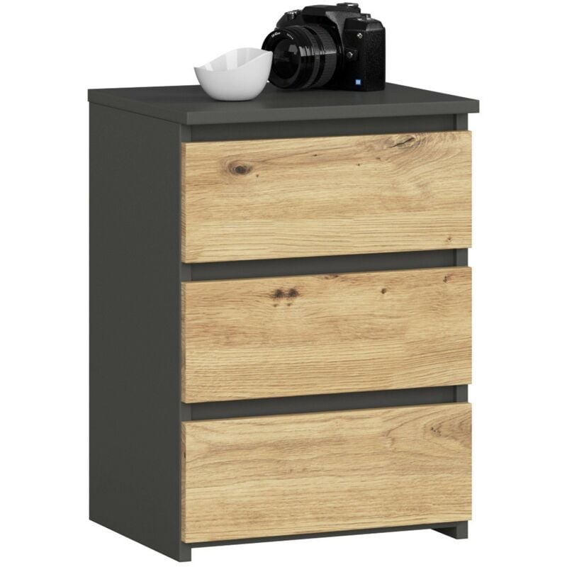 Table de chevet AKORD CL3 Gris Graphite 40 cm 3 tiroirs façade Chêne Artisan 40x35x57 cm
