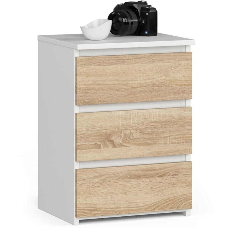 Table de chevet Akord CL3 Blanche 40 cm 3 tiroirs façade Chêne Sonoma 40x35x57 cm