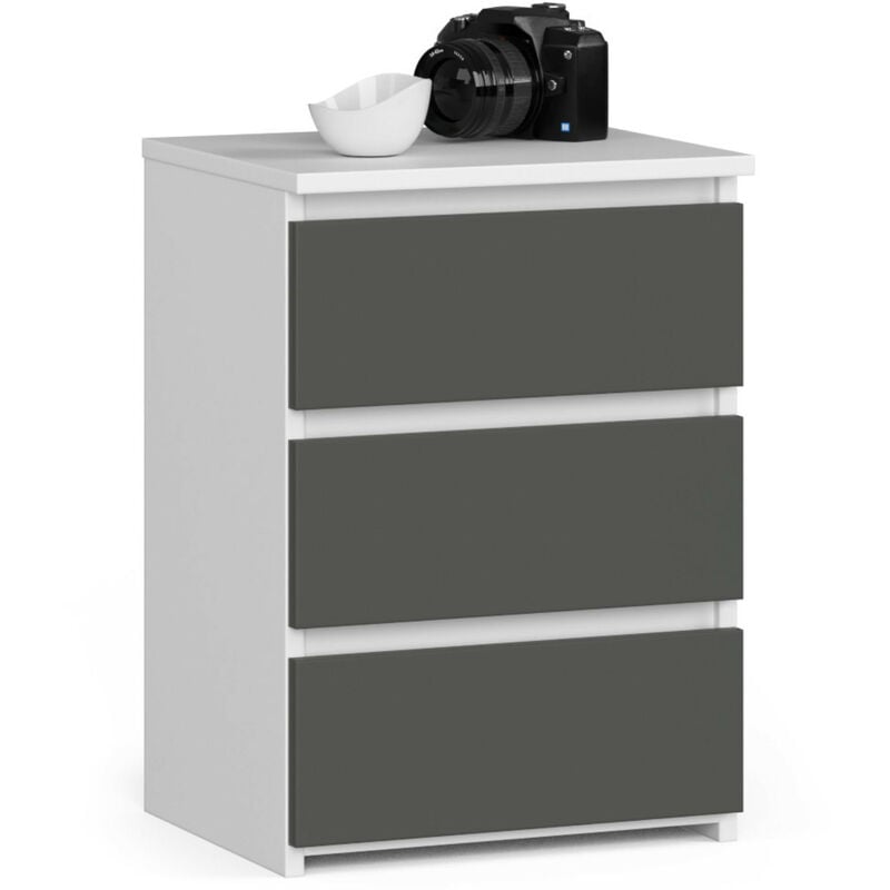 Table de chevet Akord CL3 Blanche 40 cm 3 tiroirs façade Gris Graphite 40x35x57 cm