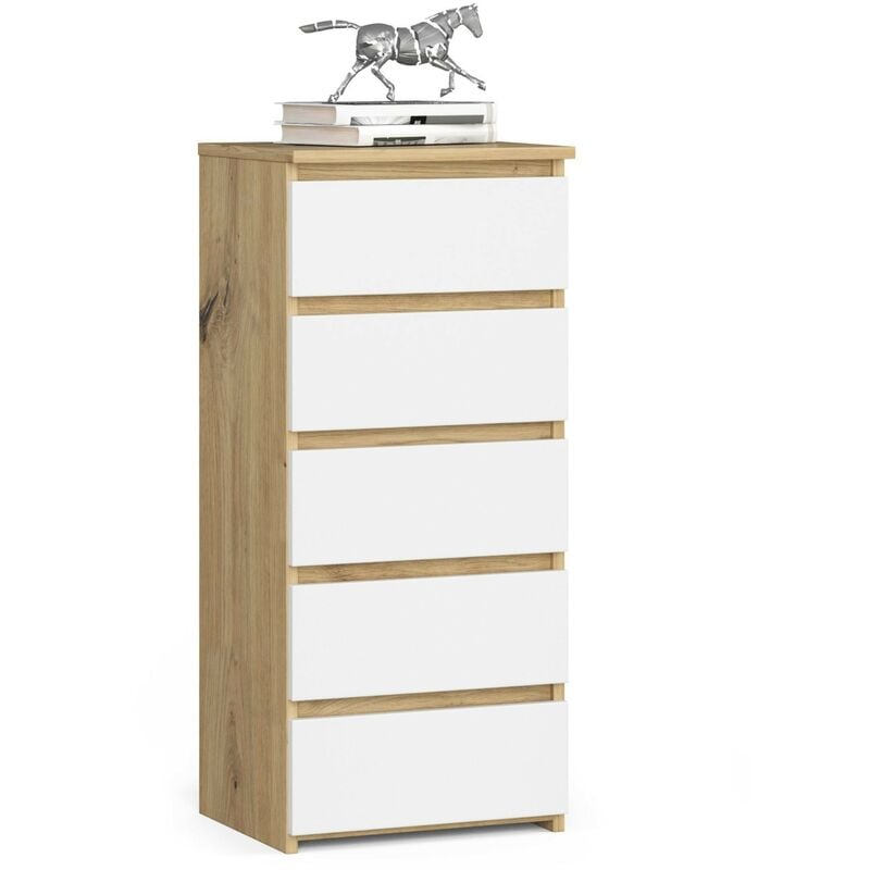 Commode Akord CL5 Chêne Artisan 40 cm 5 tiroirs façade Blanche 40x35x92 cm