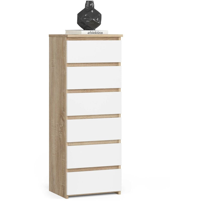 Commode AKORD CL6 Chêne Sonoma 40 cm 6 tiroirs façade Blanche 40x35x109 cm