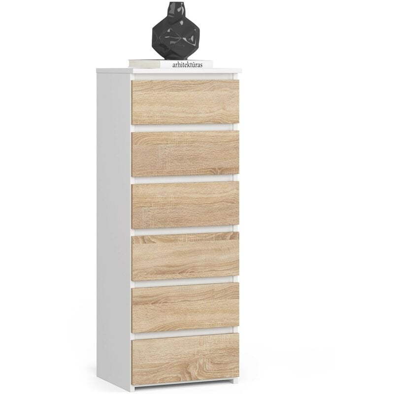 Commode Akord CL6 Blanche 40 cm 6 tiroirs façade Chêne Sonoma 40x35x109 cm