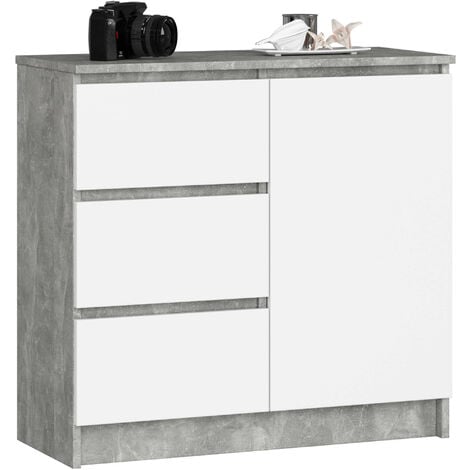 Commode AKORD JERRY Béton 80 cm 1 porte 3 tiroirs façade Blanche 2 étagères 80x35x77 cm