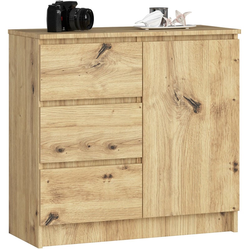 Commode Akord jerry Chêne Artisan 80 cm 1 porte 3 tiroirs façade Chêne Artisan 2 étagères 80x35x77 cm