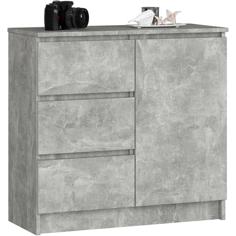 Commode Akord jerry Béton 80 cm 1 porte 3 tiroirs façade Béton 2 étagères 80x35x77 cm