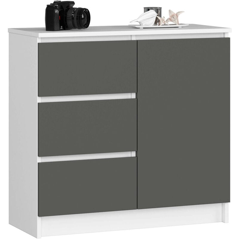 Commode Akord jerry Blanche 80 cm 1 porte 3 tiroirs façade Gris Graphite 2 étagères 80x35x77 cm