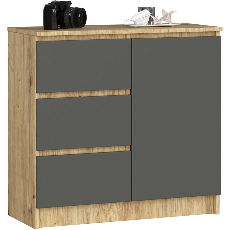 Commode Akord jerry Chêne Artisan 80 cm 1 porte 3 tiroirs façade Gris Graphite 2 étagères 80x35x77 cm