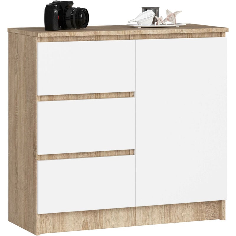 Commode Akord jerry Chêne Sonoma 80 cm 1 porte 3 tiroirs façade Blanche 2 étagères 80x35x77 cm