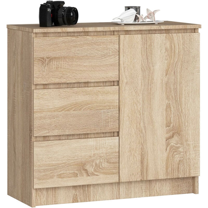 Commode Akord jerry Chêne Sonoma 80 cm 1 porte 3 tiroirs façade Chêne Sonoma 2 étagères 80x35x77 cm