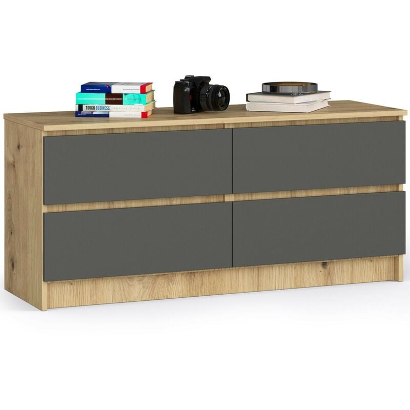 Commode Akord K120 Chêne Artisan 120 cm 4 tiroirs façade Gris Graphite 120x40x55 cm