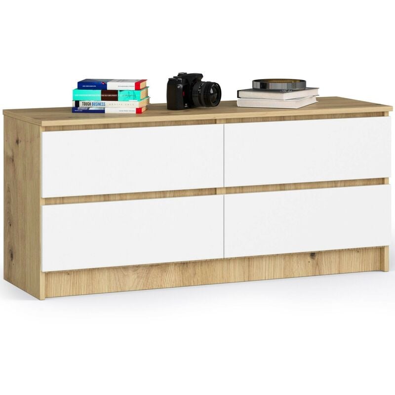 Commode Akord K120 Chêne Artisan 120 cm 4 tiroirs façade Blanche 120x40x55 cm