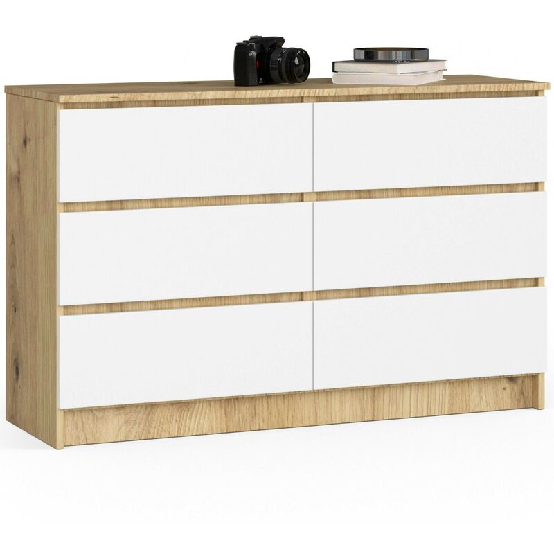 Commode Akord K120 Chêne Artisan 120 cm 6 tiroirs façade Blanche 120x40x77 cm