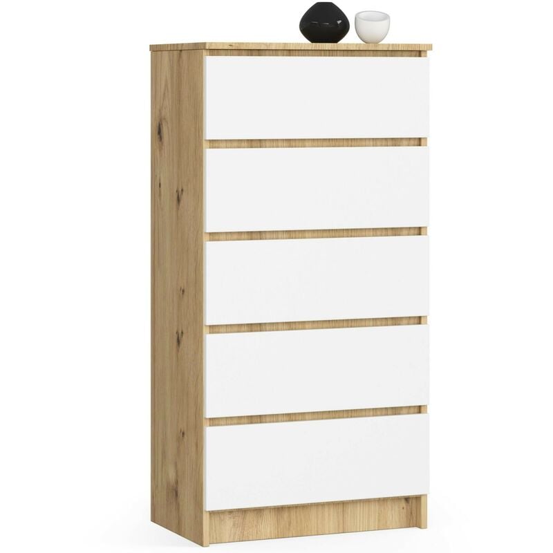 Commode Akord K60 Chêne Artisan 60 cm 5 tiroirs façade Blanche 60x40x121 cm