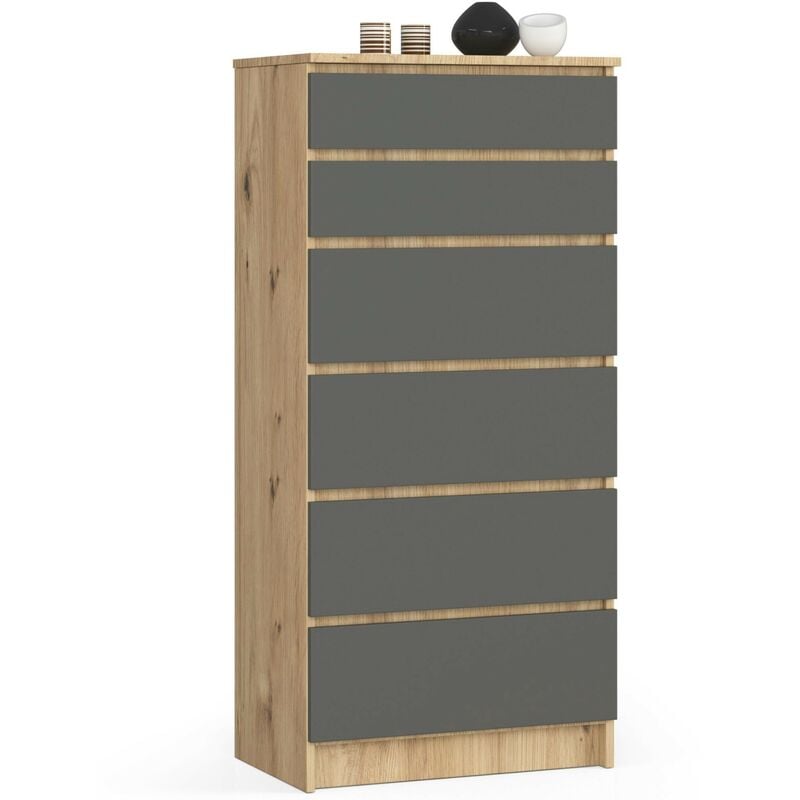 Commode Akord K60 Chêne Artisan 60 cm 6 tiroirs façade Gris Graphite 60x40x130 cm