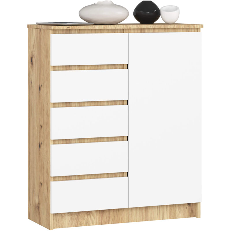 Commode Akord K80 Chêne Artisan 80 cm 1 porte 5 tiroirs façade Blanche 3 étagères 80x35x97 cm