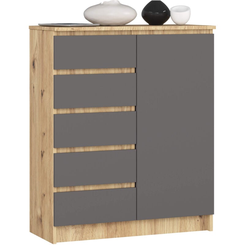 Commode Akord K80 Chêne Artisan 80 cm 1 porte 5 tiroirs façade Gris Graphite 3 étagères 80x35x97 cm