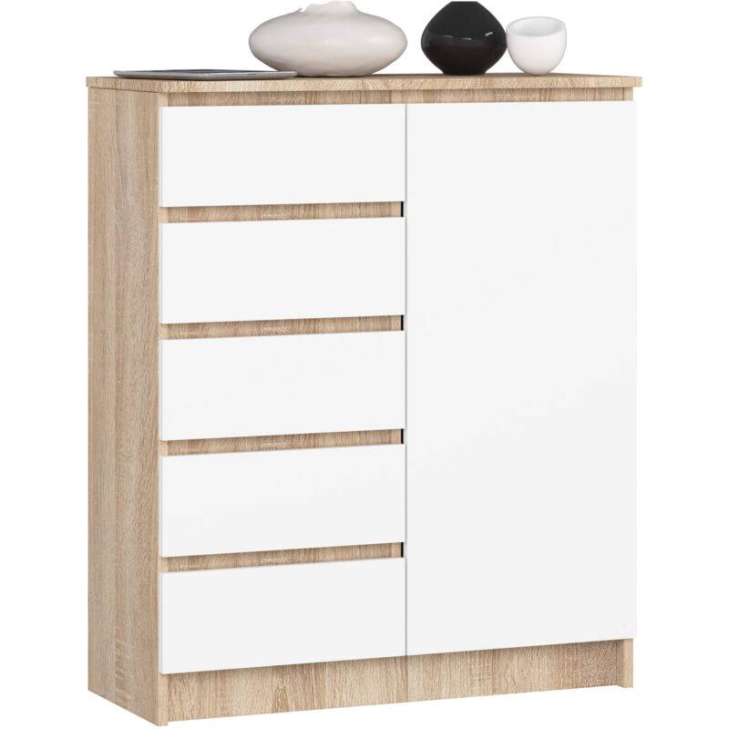 Commode AKORD K80 Chêne Sonoma 80 cm 1 porte 5 tiroirs façade Blanche 3 étagères 80x35x97 cm