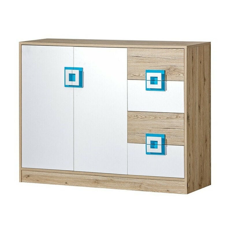 Commode Tolfere 100, Chêne clair + Blanc + Turquoise, Avec tiroirs et portes, Nombre de tiroirs: 0, 93x120x40cm