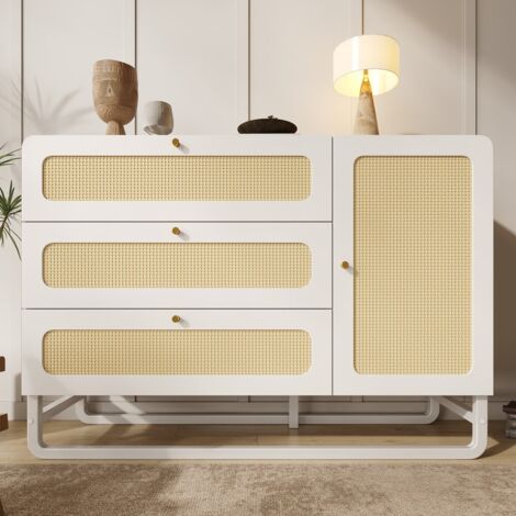 Commode-Armoire-Campagne-3Tiroirs-Porte-Rotin-AnsesDorées-ÉtagèresAjustables-AntiBasculement-120x40x85(cm)