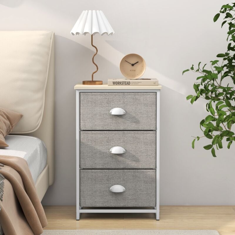 Commode, Armoire de Rangement 3 Tiroirs Table Nuit Tiroirs Pliants Cadre Métal Bois Blanc CWXT8190 design in