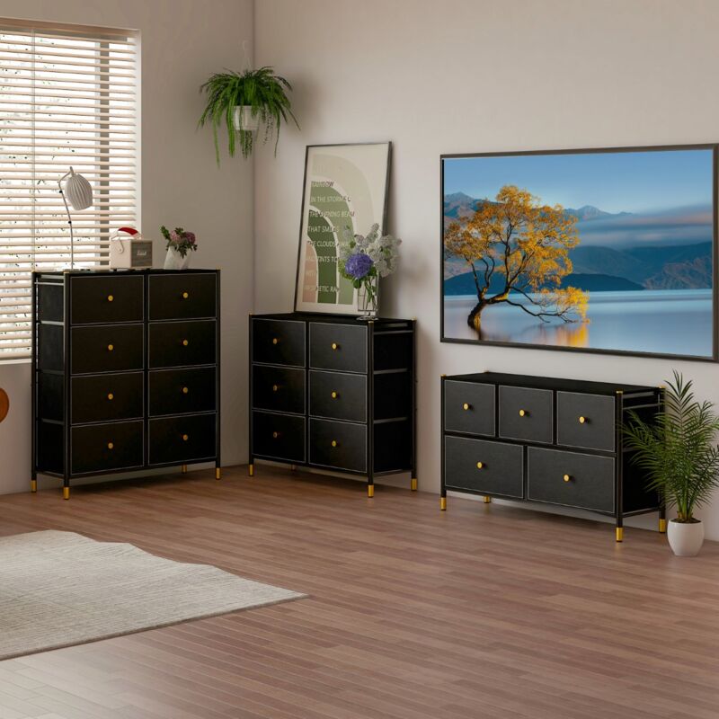 Commode Armoire de Rangement 8 Tiroirs Tissu Cadre Métal Rangement Autoportante Salon Noir CW12689