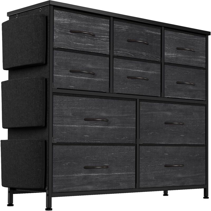 Commode avec 10 Tiroirs en Tissu, Meuble de Rangement à 4 Niveaux, avec Poignées en Métal, Style Industriel, GRIS/NOIR,9989CM