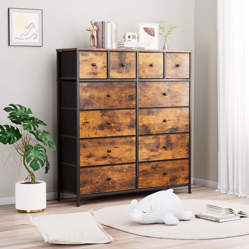Commode avec 12 Tiroirs en Tissu,Meuble de Rangement,Buffet,Armoire à tiroirs pour Salon,Chambre,Bureau,Marron