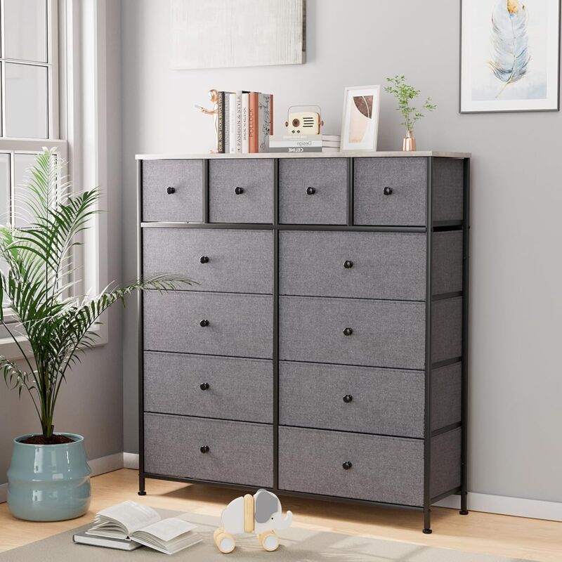Commode avec 12 Tiroirs en Tissu,Meuble de Rangement,Buffet,Armoire à tiroirs pour Salon,Chambre,Bureau,Gris