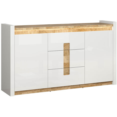 Commode avec 2 porte et 3 tiroirs avec éclairage LED, coloris Blanc brillant/Chêne clair - Longueur 172 x Profondeur 41 x Hauteur 96,5 cm