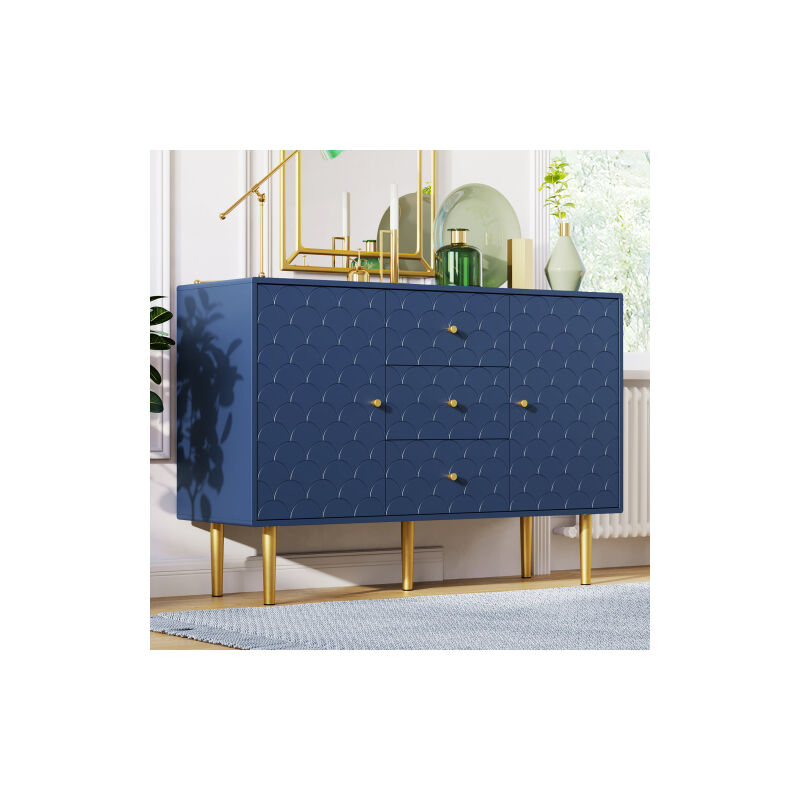 Commode avec 2 portes et 3 tiroirs, certifié fsc®, étagère réglable, pour salon, chambre, bleu marine-H82/L120/P40 cm