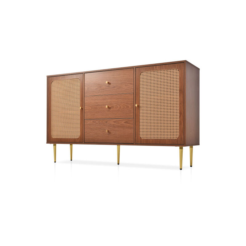 Commode avec 2 portes et 3 tiroirs, commodes à portes en rotin avec tiroir, étagère réglable, pour salon chambre à coucher, noyer-H90/B150/T40 cm