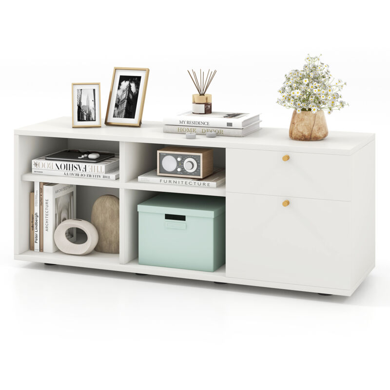 Commode avec 2 Tiroirs, 4 Cubes, 108 x 39 x 50 cm, Pieds Réglables, Vitrine Basse Autoportante, Meuble Console, pour Bureau, Salon, Chambre, Blanc