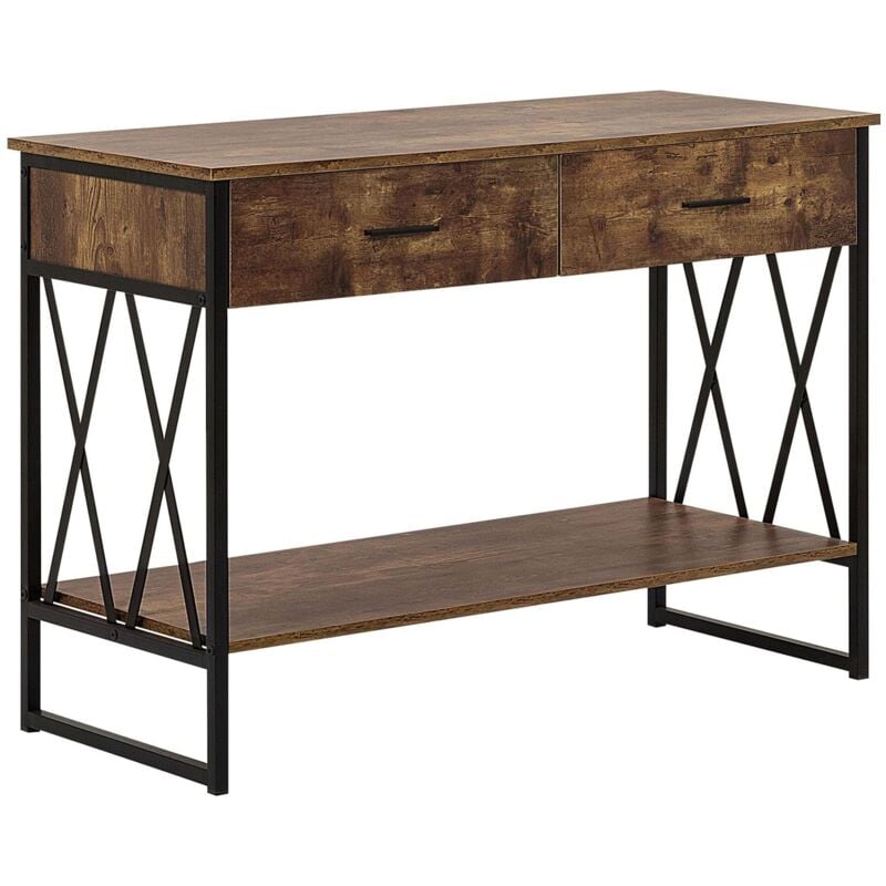 Beliani - Table Console Effet Bois Foncé et Métal Noir avec 2 Tiroirs et une Etagère de Design Industriel pour Intérieur Moderne ou Minimaliste