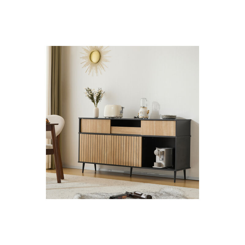 Commode avec 4 portes coulissantes et 1 tiroir, chêne combiné avec noir, dimensions: 160 b x 40 T x 80 H