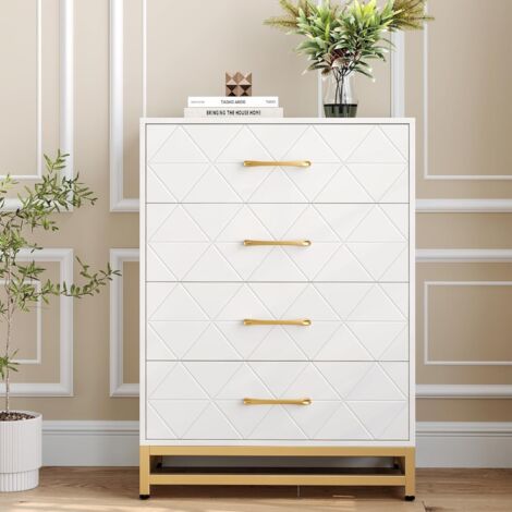 Commode avec 4 tiroirs, Commode Chambre, Meuble de Rangement, Meuble Chambre, Commode 4 tiroirs, Armoire à tiroirs pour Cuisine, Bureau, Couloir,90x60x40cm,blanc