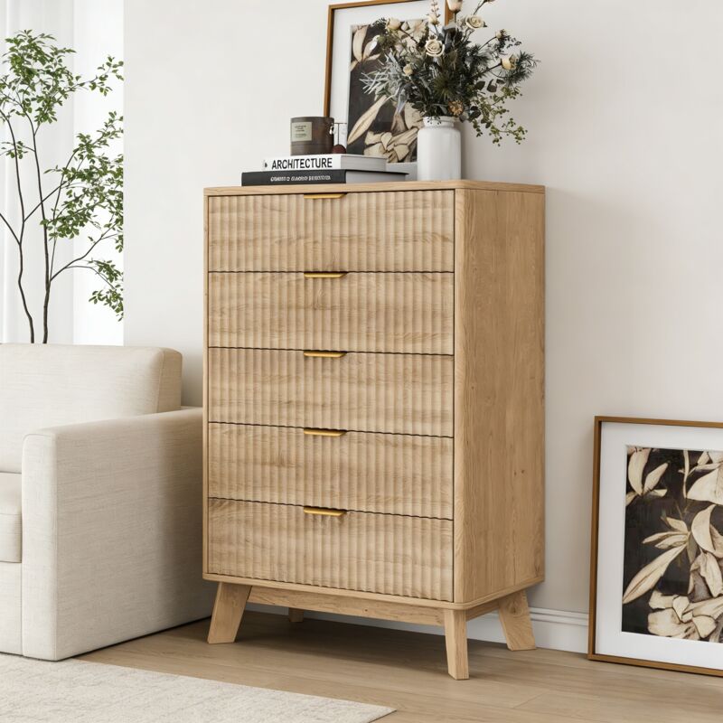 Commode avec 5 Tiroirs Style Scandinave, Chiffonnier 5 Tiroirs, Meuble de Rangement en Bois avec Façades Rainurées et Poignées Dorées, 73x40x108 cm,